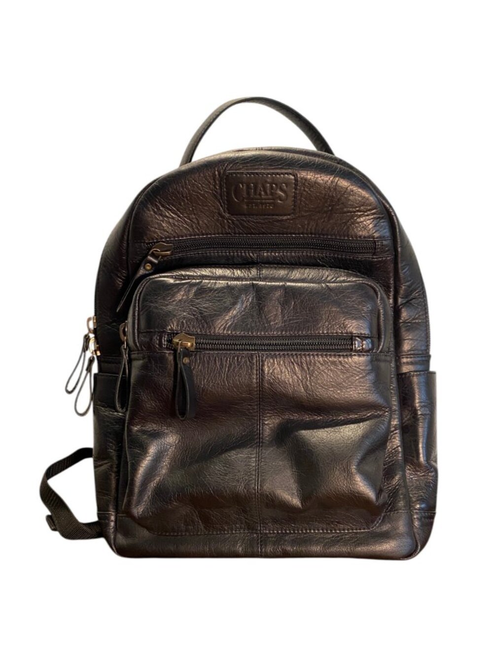 CHAPS Genuine Leather Backpack - Black Multi Pocket Travel Laptop School Bag